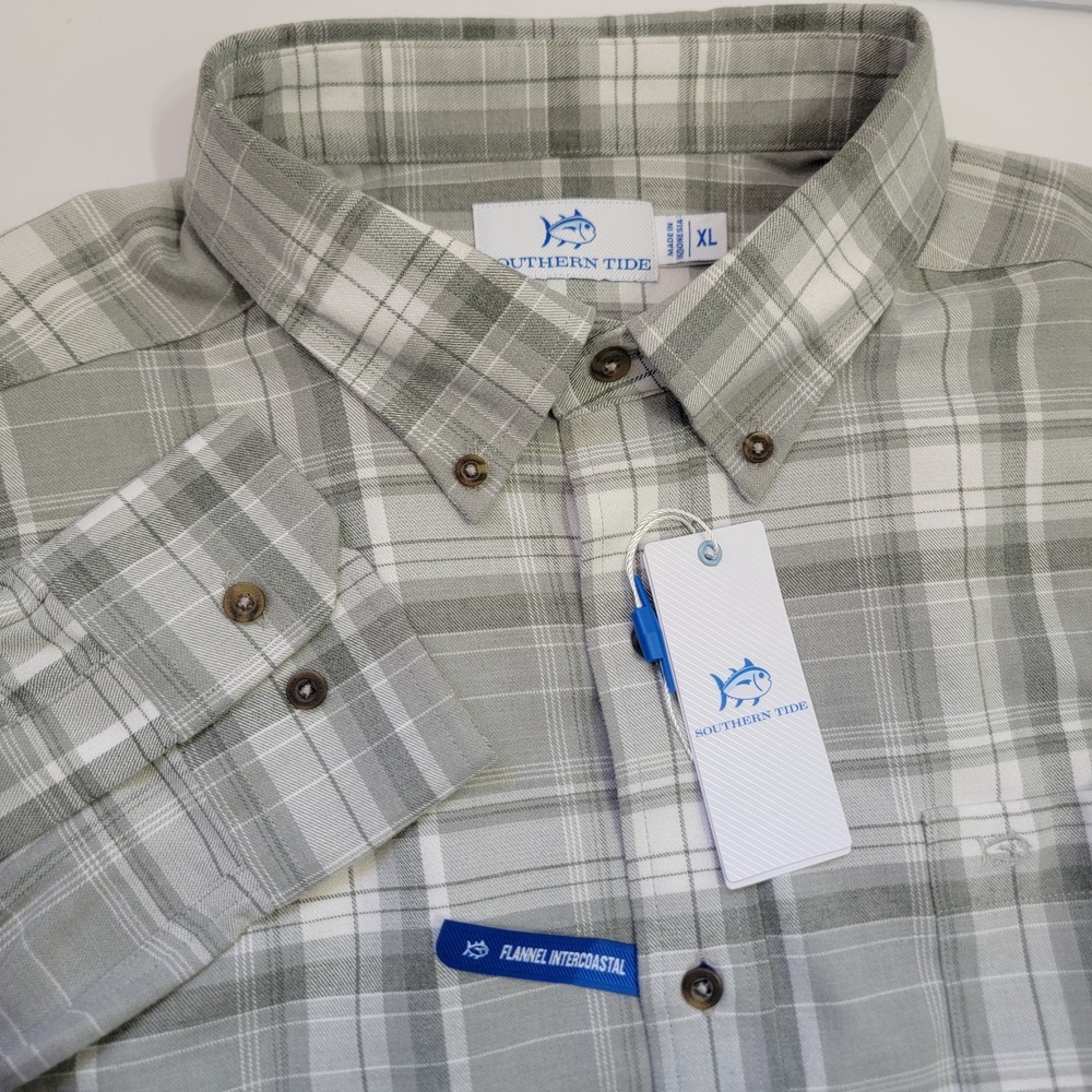 NEW Southern Tide Mens XL Intercoastal Flannel Heather Gray‎ Plaid Sport Shirt